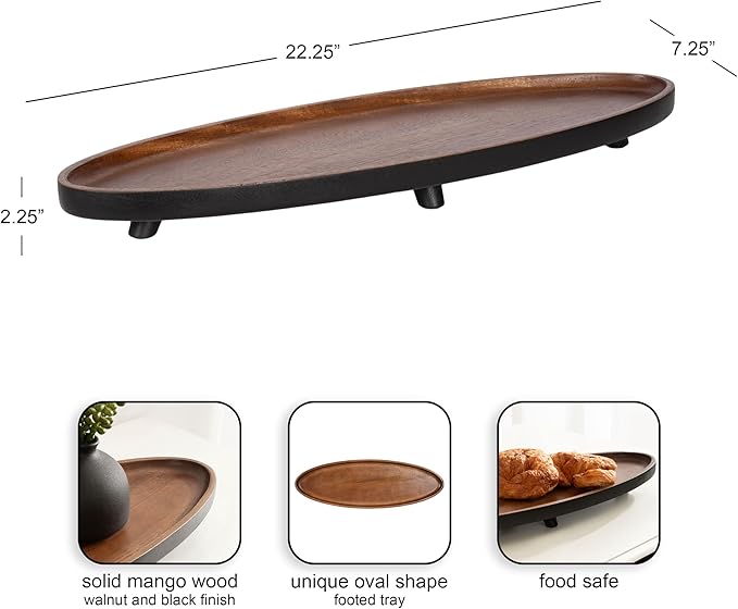 Kate and Laurel Tomaz Modern Decorative Mango Wood Oval Footed Tray, 23 x 7, Walnut Brown and Black, Transitional Food-Safe Wooden Coffee Table Tray with Elevated Design and Unique Oval Shape