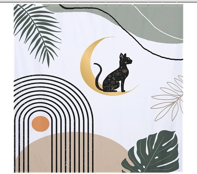 Boho Black Cat Shower Curtain Abstract Mid Century Modern Moon Green Leaf Geometric Mystic Waterproof Shower Curtains for Bathroom Decor 12 Pack Hooks 72x72in (183x183cm)
