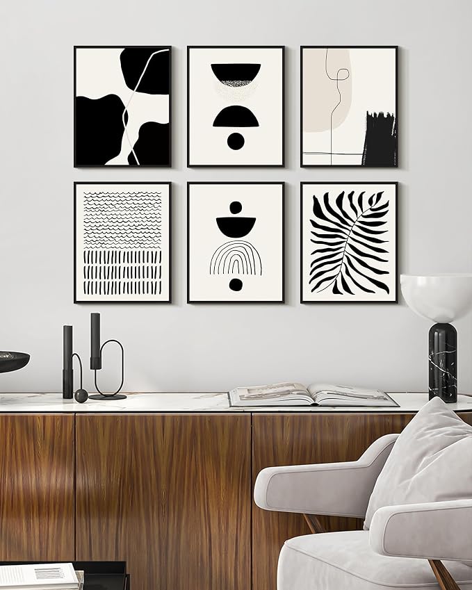 KUVIOKE Black Abstract Framed Wall Art Boho Room Decor Set of 6 Minimalist Geometric Line Art Bohemian Mid Century Modern Prints for Bedroom Living Room 11x14in (Black Framed)
