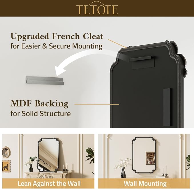 TETOTE Vintage Antique Black Rectangle Mirror for Mantle Fireplace 48 x 32 Traditional Baroque Ornate Scroll Wall Mirror with Metal Frame for Living Room Bedroom, Horizontal/Vertical