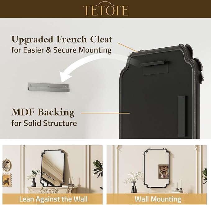 TETOTE Baroque Antique Black Rectangle Scroll Wall Mirror 40 x 30 Vintage Rounded Corner Framed Baroque French Rectangular Mirror for Mantle Fireplace Bathroom Living Room, Horizontal/Vertical