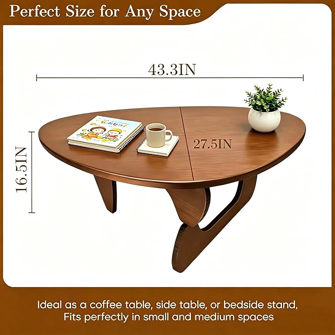 Solid Wood Coffee Table, Mid-Century Modern Triangle Center Table for Living Room, Triangular Wood Tea Table, Fingerprint-Free & Shatterproof, Walnut, 43.3" L x 27.5" W x 16.5" H