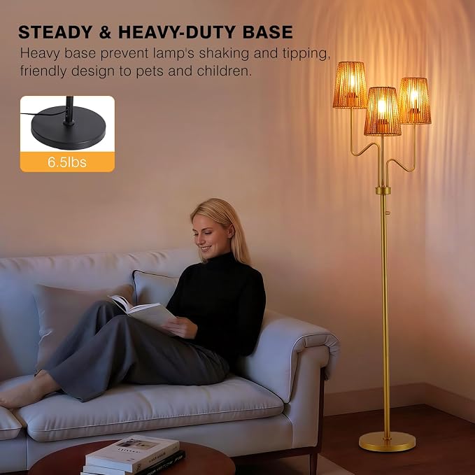 9MMML Gold Farmhouse Boho Dimmable Floor Lamp with Rattan Shade, 68'' Tall Floor Standing Lamp, 3-Light Floor Lamp for Living Room, Bedroom, Office, Corner