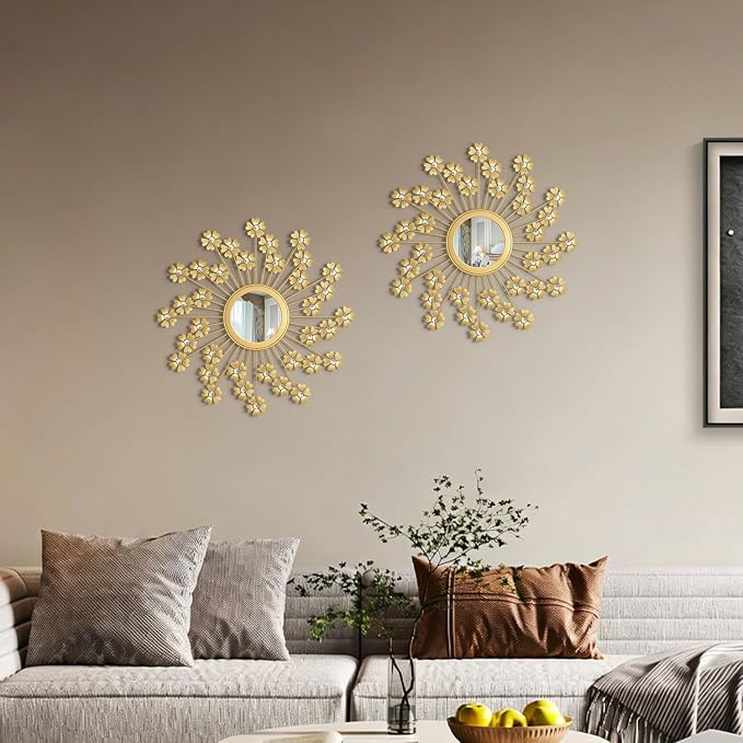 2 Pack Metal Mirrors for Wall Boho Sunburst Wall Mirror Home Decor Modern Decorative Wall Art for Bedroom Living Room Entryway