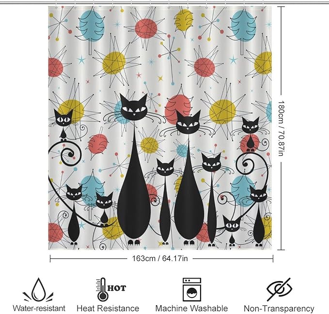 Mid Century Modern Shower Curtain,Retro 60s Abstract Atomic Cat Diamonds Geometric Bathroom Curtain Polyester Waterproof Fabric Decor 66x72in（168x183cm）