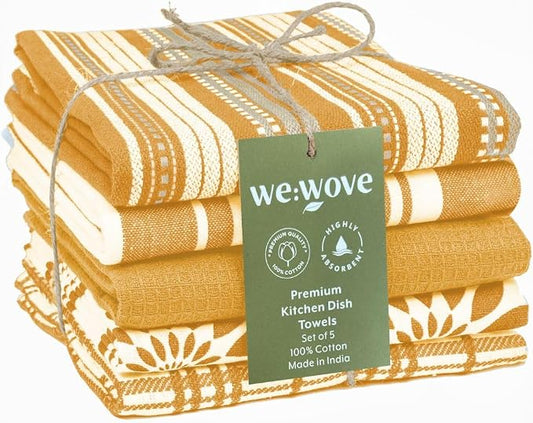 WeWove Assorted Kitchen Towels Set of 5 - 100% Cotton Dish Cloths Towels with Hanging Loop - Soft Absorbent Washable Reusable for Kitchen Use - Quick Drying 16x26 inch Dish Towels Mustard Yellow