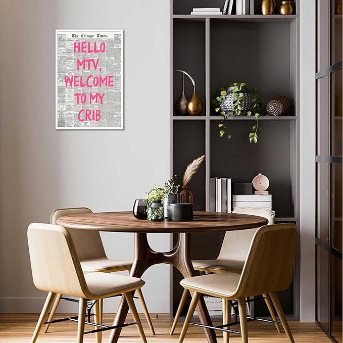 Drimiler Retro Hello Mtv Welcome To My Crib Posters Pink Font Newspaper Canvas Wall Art Positive Affirming 70'S Room Aesthetic Prints Painting For Home Bedroom Dorm Wall Decor 12x18in Unframed