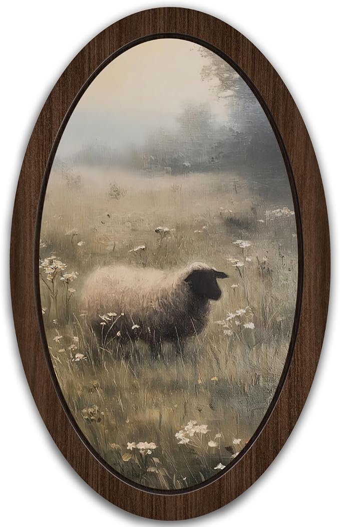 UYIKG Vintage Sheep Oval Wall Art,Rustic Farmhouse Cottagecore Lamb Oval Wall Decor,Farmhouse Country Black Sheep Wooden Framed Decor for Home Bedroom Living Room Reading Room 9x14.6 in