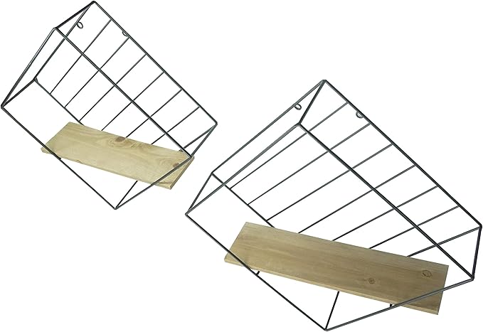 Admired by Nature Modern White Oak Wood Diamond Mounted Metal Hanging Storage Floating Shelves, Black Set of 2, ABN5E157-NTRL Wall Shelf