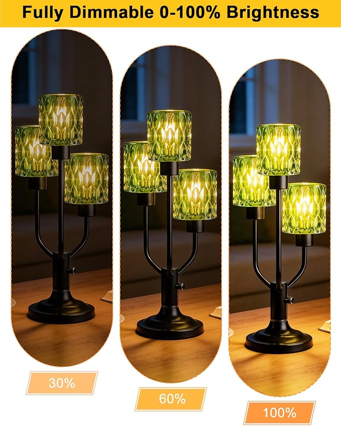 Lightdot Mid Century Modern Table Lamp for Living Room Dimmable Nightstand Lamp Black Vintage Desk Lamp Green Glass 3 Bulbs Included Warmwhite Ambient Bedside Lamp for Bedroom Home Office Decor Gift