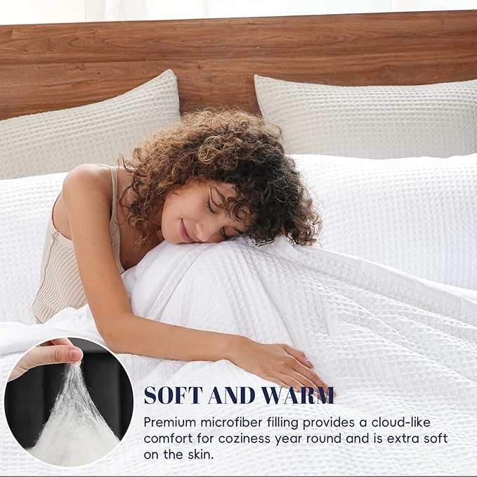 PHF Ultra Soft Waffle Weave Comforter Set Twin Size, 2 Pieces Lightweight Breathable Comfy Bedding Set, Comfy Textured 1 Comforter with 1 Pillow Shams, White