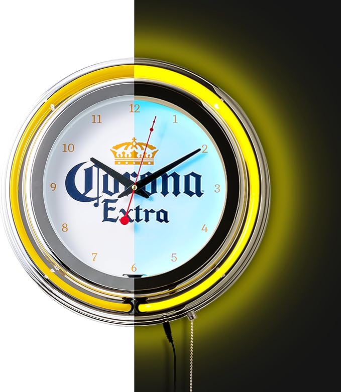 American Art Decor Retro Neon Wall Clock - Round Battery Operated Vintage Analog Clock W/Pull Chain - for Bar, Man Cave, Garage, Arcade, Game Room & More (Corona, 14.5” x 14.5” x 3.25”)