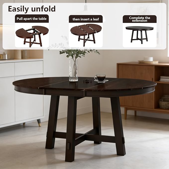 Bellemave 42"-58" Extendable Dining Table for 4-6, Solid Wood Oval Dining Kitchen Table with Removable Leaf, Farmhouse Circle Desk for Kitchen Living Room Space Saving (Espresso)