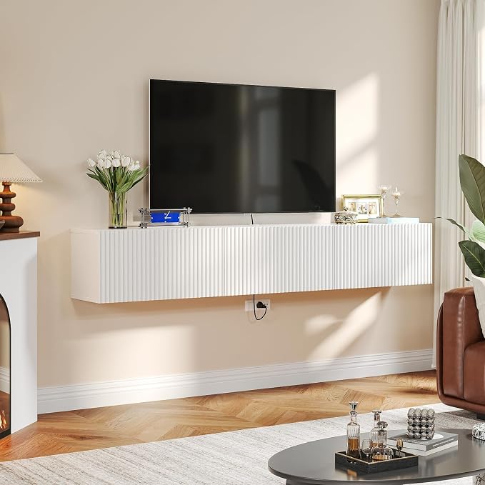 Floating TV Stand with 3 Doors,47IN Wall Mounted TV Cabinet,Floating Media Console Slatted Entertainment Center with Storage,Under TV Shelf for Bedroom Living Room,White