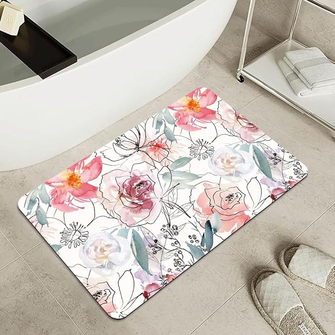 Bath Mat Rug,Pink Watercolor Peonies Non Slip Quick Dry Super Absorbent Thin Bathroom Rugs Fit Under Door-Easy to Clean Bathroom Floor Mats-Shower Rug for Shower Sink Bathtub(20" x 31"in)