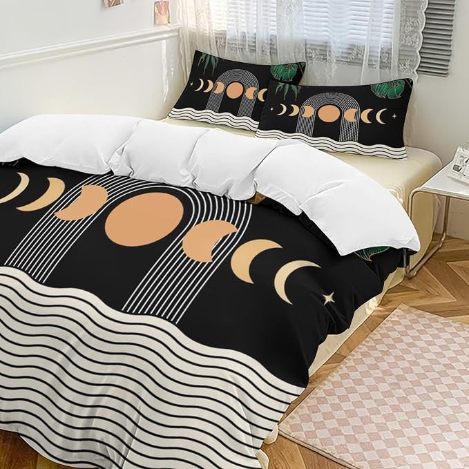 Mid Century Moon Phase Duvet Cover Sets Boho Modern Palm Leaves Arch Minimalist Printed Lightweight Soft Quilt Cover Soft Microfiber 3 Piece (1 Duvet Cover 68x86in + 2 Pillow Sham 20x30in)