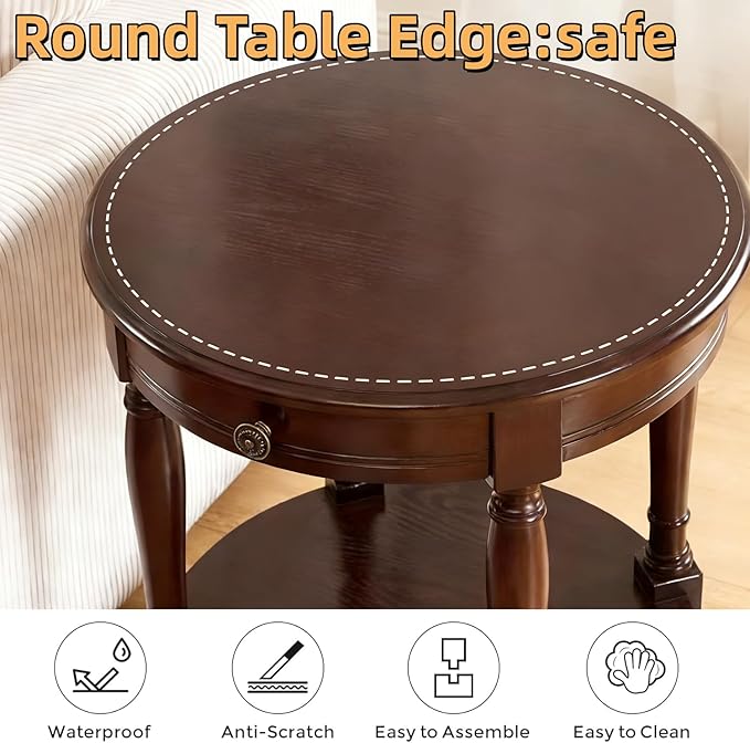 YUNMUAIR-Solid Wood End Table,Round Side Table with Drawers,Vintage Nightstand,Sofa Side Tables with Storage Shelf,Traditional Retro End Tables for Small Spaces,Living Room,Bedroom,Dark Brown