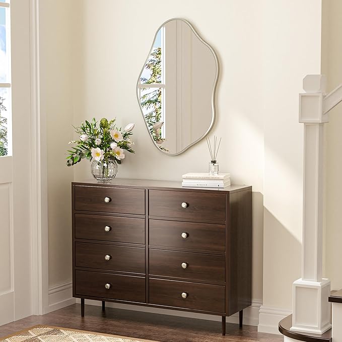 Keonjinn Nickel Irregular Mirrors for Wall 24" x 36" Inch, Asymmetrical Metal Frame, Tempered Glass Decorative Mirror for Bathroom, Bedroom, Living Room, Entryway(Horizontal/Vertical)