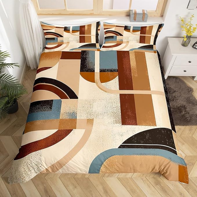 Geometric Striped Circle Duvet Cover Set Twin Size,Abstract Graffiti Retro Art Bedding Set,Boys Girls Room Decor,Minimalist Aesthetic Chic Comforter Cover,Brown Quilt Cover,1 Pillowcase(No Filler)