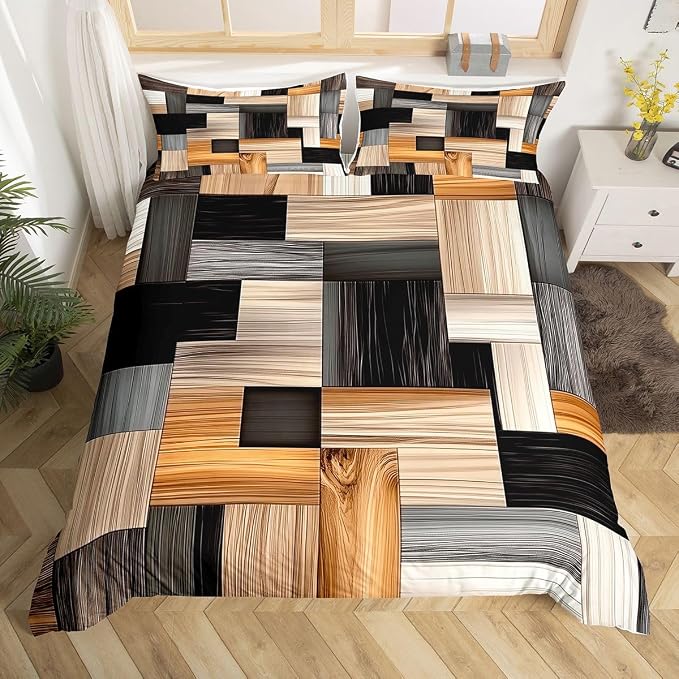 Erosebridal Wood Grain Comforter Cover Twin Splicing Plaid Grid Duvet Cover for Kids Teens Stylish Tartan Geometric Bedding Set Modern Orange Grey White Checkered Bed Set with Zipper
