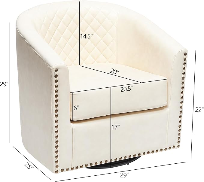 KINWELL 29" Wide Tufted Faux Leather Swivel Barrel Chair, PU Leather Modern Upholstered Accent Chairs with Nailhead Trim, Small Armchair for Living Room Bedroom, Cream