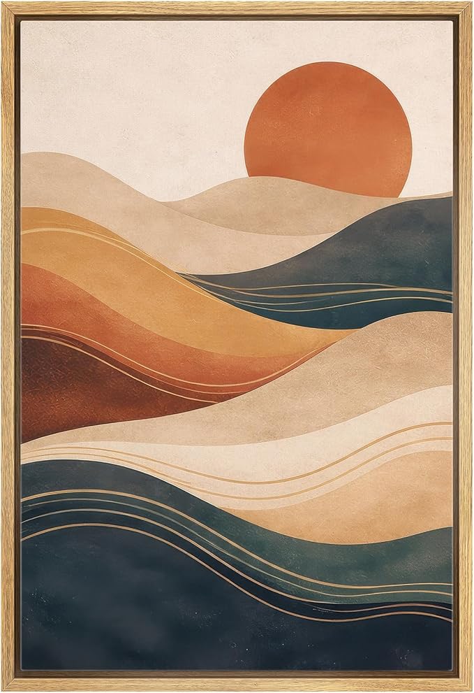 MUDECOR Framed Canvas Print Wall Art Modern Abstract Desert Sun and Flowing Waves Illustrations Minimalism Decorative Bohemian Zen for Living Room, Bedroom, Office - 16"x24" NATURAL