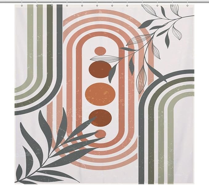Mid Century Boho Sage Shower Curtain, Abstract Bohemian Mid Century Plant Leaf Rainbow Dots Washable Waterproof Fabric for Bathroom Decor Bathtub with 12 Hooks 72x72in (183x183cm)