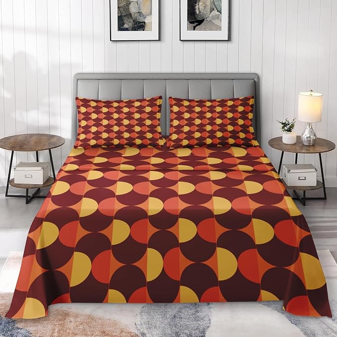 Pamnest Twin Size Bed Sheet Sets, 70S Vintage Mid Century Soft Microfiber 3 Pcs Bedding Sets for Kids and Adults Bedroom Bed Decor, Geometric Flower Retro Flat, Fitted Sheet and Pillowcases