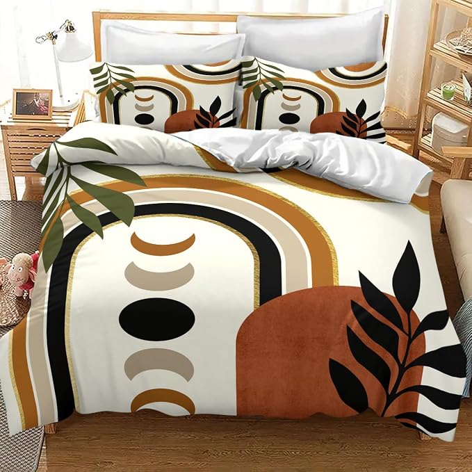 Bohemian Leaf Comforter Set,Mid Century Abstract Tropical Plant Minimalist Modern Geometric Palm Leaf Simple Bedding Duvet Cover Sets with Pillowcase for Bedroom Bed Decor,Queen 90"x90"