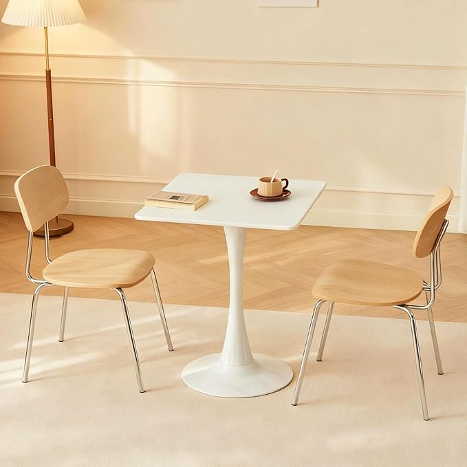 Square Dining Table, 24" Tulip Table with Thickened Tabletop & Metal Pedestal, Mid Century Modern Bistro Table for Kitchen, Small Places, Living Room, Cafe (White)