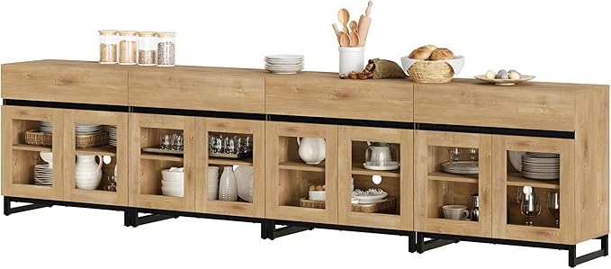WAMPAT 4 in 1 Multifunctional Sideboard Buffet Cabinets with 8 Glass Doors and 4 Drawers, Modern Sideboard Credenza with and Metal Base, Coffee Bar Storage Cabinet for Living Room, Kitchen, Oak