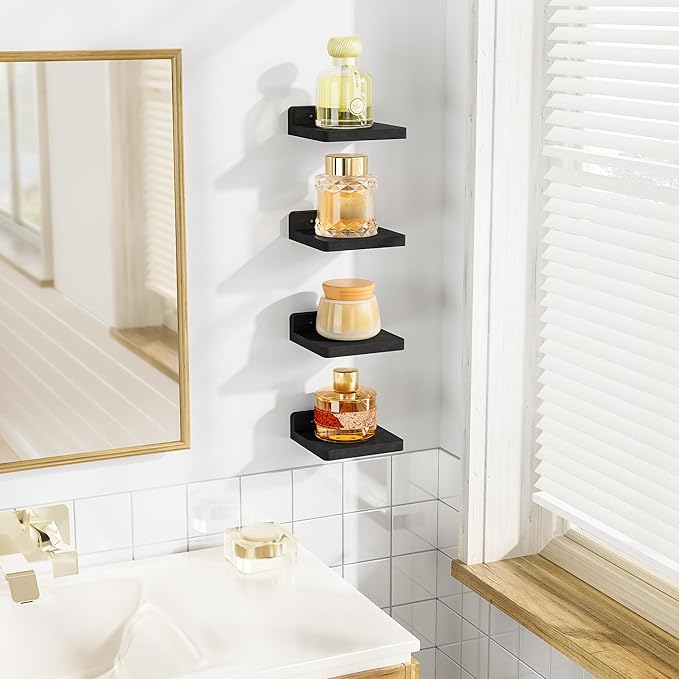 SRIWATANA Small Floating Shelves Wall Mounted, Wood Shelf for Decoration and Storage Set of 4, Mini Display Shelf for Bedroom, Bathroom, Kitchen, Office (Black, 5 inch)