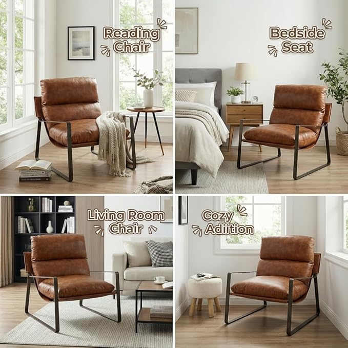 LukeAlon Modern PU Leather Accent Armchair, Upholstered Lounge Chair with Brass Metal Frame Thickened Cushion Comfy Leisure Chair with Lychee Grain for Bedroom Living Room, Brown