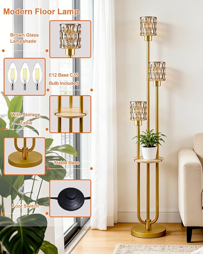 Lightdot 3-Lights Glass Floor Lamp for Living Room Modern Gold Floor Lamp with Amber Glass Shade for Wedding/Party Farmhouse Tall Standing Lamp with 5Lb Heavy Base for Bedroom/Sofa Beside/Corner Decor