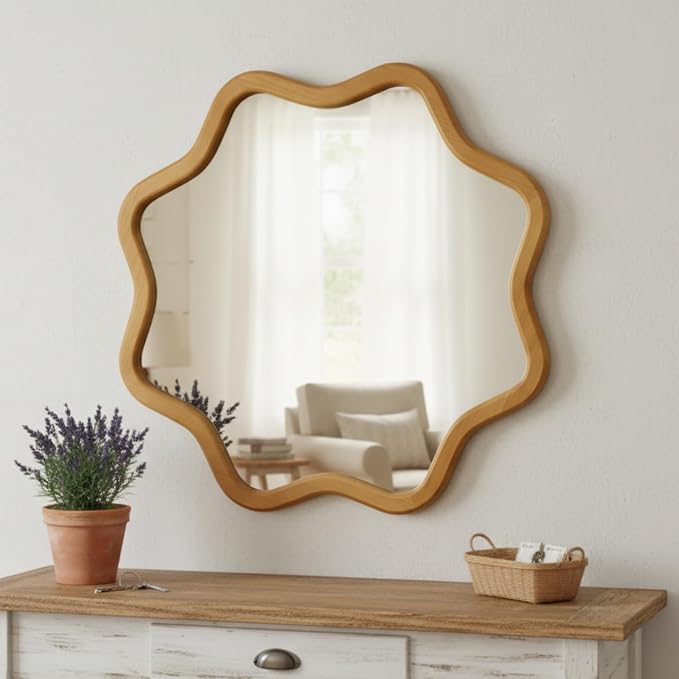 ZIYOO Star Shaped Wall Mirror, Natural Wood Grain Scalloped Edge Decorative Mirror, Boho Accent Mirror for Entryway Bathroom Living Room Bedroom (Wood,28")