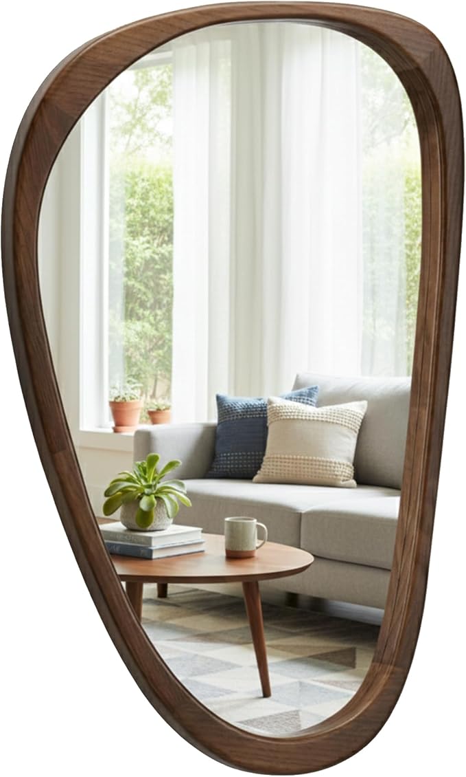 Irregular Asymmetrical Wall Mirror 36"×24" with Solid Wood Frame, Sculptural Mid-Century Modern Decorative Wall Mirror for Living Room & Entryway