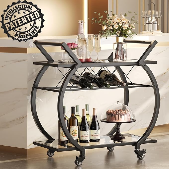 LVB Bar Cart with Glass, Black Bar Cart with Wheels, Home Bar Serving Cart with 2 Tier Storage Glass Shelves, Wine Cart with Wine Rack, Liquor Cart for Kitchen, Bar, Dinning Room