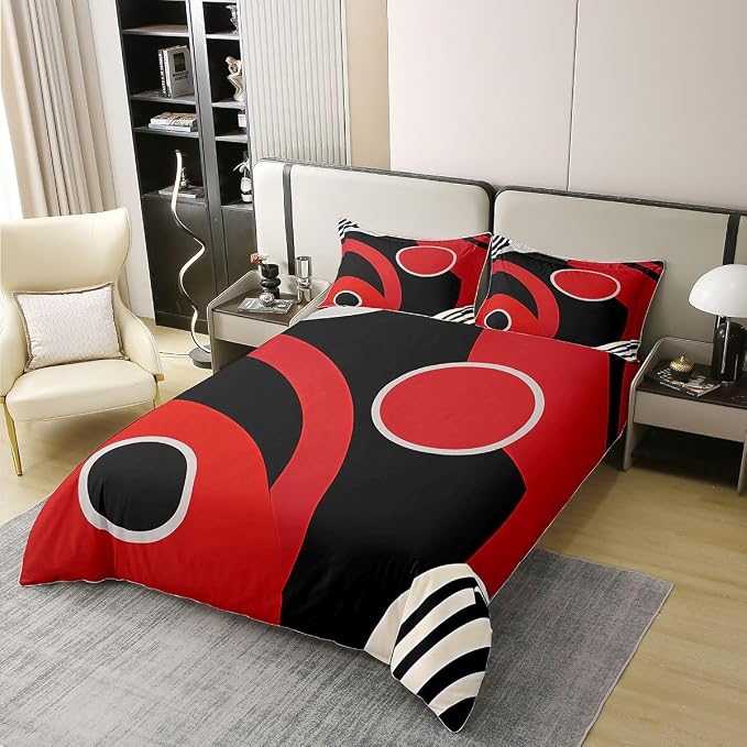 Erosebridal Red Black 100% Cotton Duvet Cover Full Geometric Striped Bedding Set for Kids Teens Adults Circle Modern Design Comforter Cover Abstract Artistic Bed Set 3 Pcs