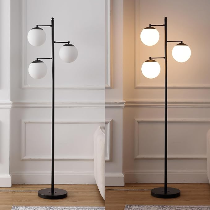JONATHAN Y 66" Black Modern 3-Light Metal Cylinder Floor Lamp Mid-Century Tree Standing Lamp for Living Room Bedroom with White Glass Globe Shades LED Bulbs Included JYL3087B