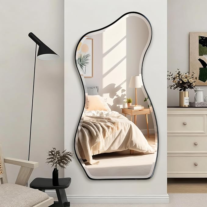 POZINO Irregular Beveled Mirror, 53"x25" Asymmetrical Wall Mirror with Black Metal Frame, Organic Shape Floor Mirrors for Entryway Living Room Bedroom Hallway, Leaning/Wall-Mount