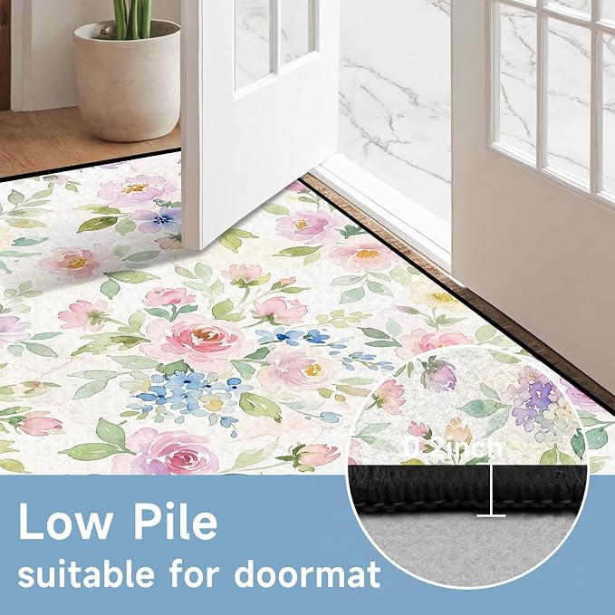 Watercolor Floral Rug 4'x6' Soft Pastel Botanical Area Rug for Entryway Bedroom Living Room Nursery Kitchen Playroom Home Decor Low Pile Non-Slip Washable Carpet