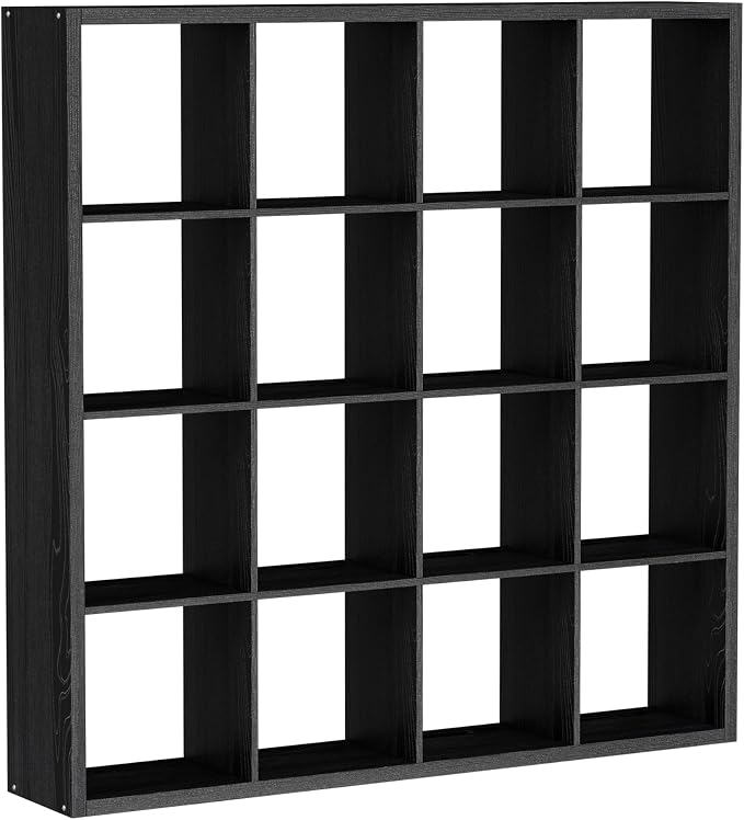 16-Cube Storage Organizer Bookcase, Thick Frame Wood Grain Storage Shelf, Rectangular Cube Open Back Display Unit, 48.8x9.4x48.8 Inches for Living Room, Bedroom, Home Office, Embossed Black