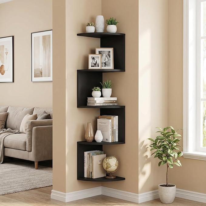 No-Drill Corner Shelf Wall Mount, 5-Tier Floating Corner Bookshelf with Hooks, Space-Saving Zigzag Plant Shelf for Bedroom, Living Room, Bathroom, Home Office（Black）