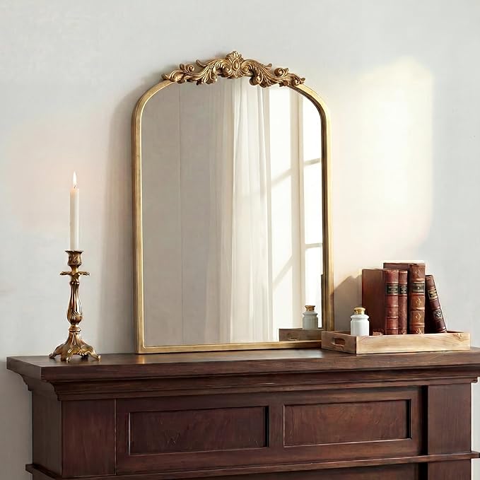PERFNIQUE Vintage Mirror, 30" X 19" Arched Antique Baroque Mirror, Gold Traditional Wall Decor, Ornate Decor Anthro Look Alike Decor for Bathroom Living Room Fireplace Entryway Mantle Hallway