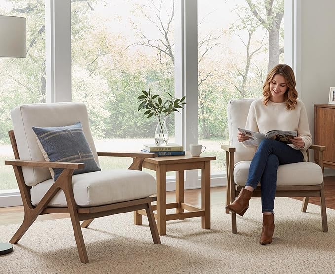 HNY Mid Century Modern Accent Chairs Set of 2, Farmhouse Linen Upholstered Armchair for Living Room, Bedroom, 23'' Seat Wide Retro Leisure Reading Chair Slipper Chair with Wood Frame, White
