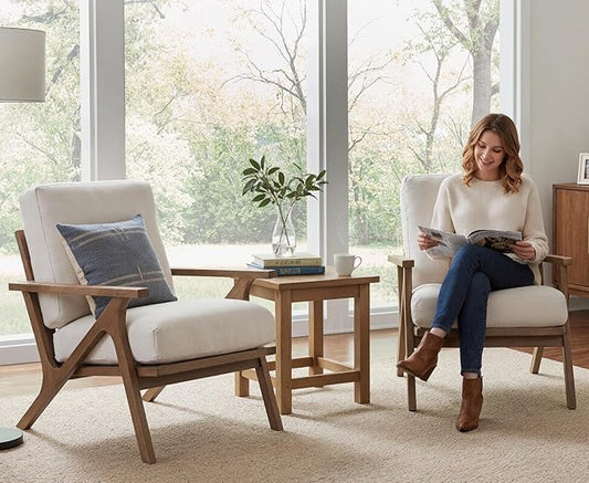 HNY Mid Century Modern Accent Chairs Set of 2, Farmhouse Linen Upholstered Armchair for Living Room, Bedroom, 23'' Seat Wide Retro Leisure Reading Chair Slipper Chair with Wood Frame, White