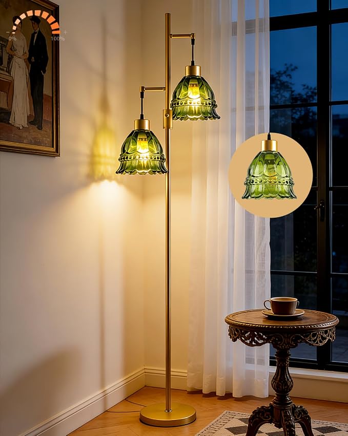 2-Light Modern Glass Floor Lamp, Gold Tall Standing Lamp with Green Lace Glass Shade for Reading, Dimmable LED Floor Lamp with 5Lbs Heavy Base for Living Room Bedroom Home Decor, Bulb Included