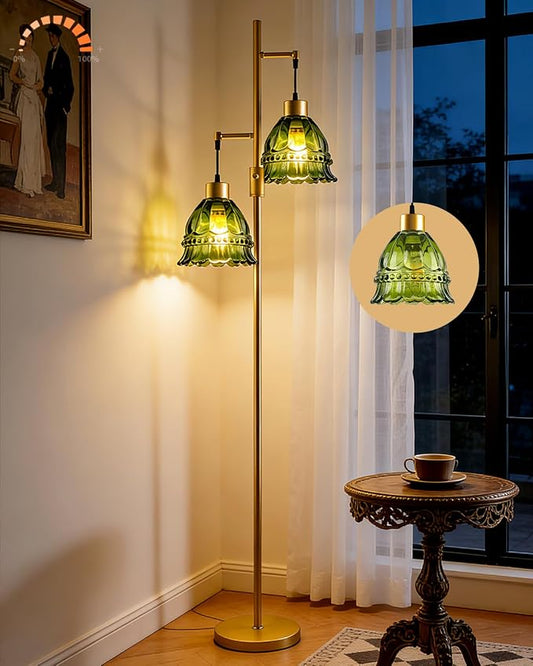 2-Light Modern Glass Floor Lamp, Gold Tall Standing Lamp with Green Lace Glass Shade for Reading, Dimmable LED Floor Lamp with 5Lbs Heavy Base for Living Room Bedroom Home Decor, Bulb Included