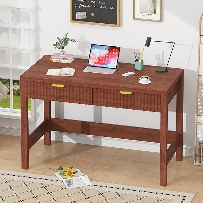 YOMILUVE Fluted Computer Desk with 2 Drawers, 39 Inch Small Computer Desk with Storage, Compact Writing Study Desk for Small Spaces, Red Walnut