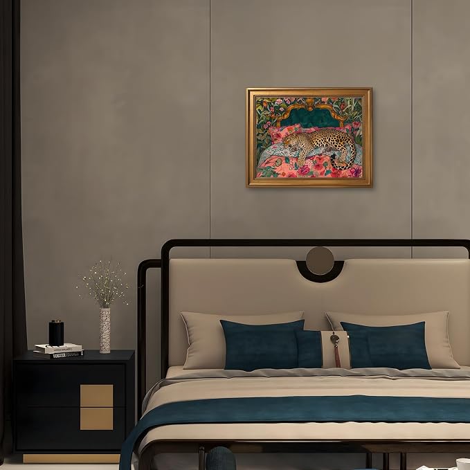 Gold Framed Sleeping Leopard Wall Art Luxury Jungle Colorful Cheetah Animal Poster Retro Maximalist Tropical Floral Pink Dopamine Canvas Print Aesthetic for Bedroom Home Decor 20x30inch